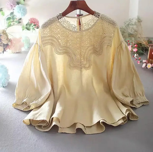 Blusa Retro De Lino Y Algodón Con Manga De Farol Para Mujer,