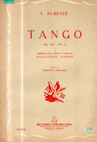 Tango  Op. 165 No 2i. Albeniz Partitura Para Canto Y Piano