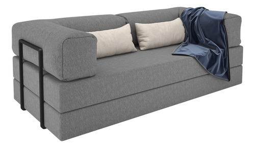 Colchão Casal 192cm Bouclê Cinza Vira Sofá-cama 2 Lugares Com Estrutura Metálica Estilo Industrial Nórdico Mod: Buble Caixa