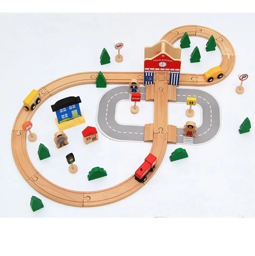 Juego Tren De Madera, Pista Coches Juguete Para Niños Color Madera