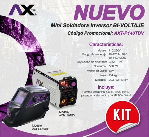 Kit Soldador Inversor Bivoltaje + Careta Axtech Axt-p140tbv