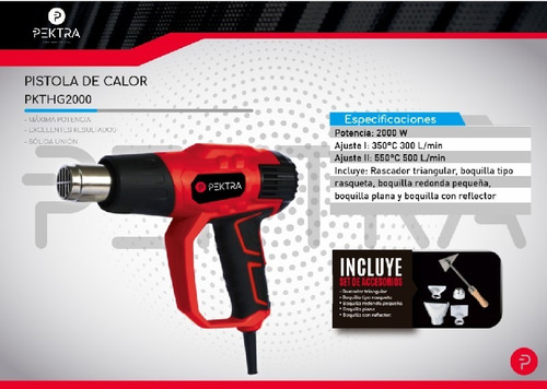 Pistola De Calor 2000w Con 5 Piezas Pektra Pkthg2000