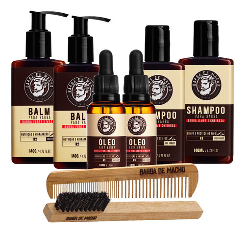 Kit - 2 Shampoo, 2 Balm, 2 Oleo, Pente De Madeira E Escova