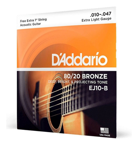 D'addario Ej10-b Encordoamento Para Violão Aço 10-47 Com Corda Extra Pl010 80/20 Bronze 