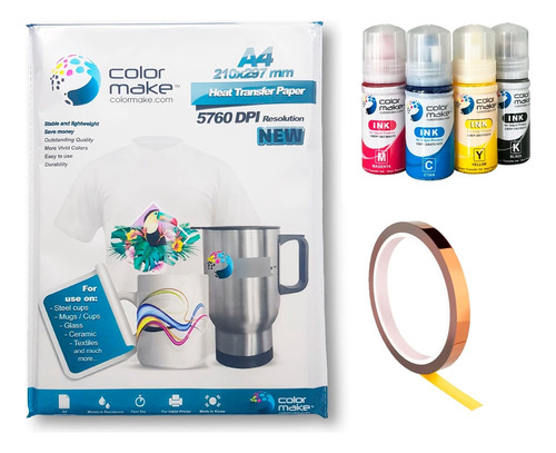 Kit Sublimacion 4 Tintas  70ml Bote + Papel + Cinta Colormak