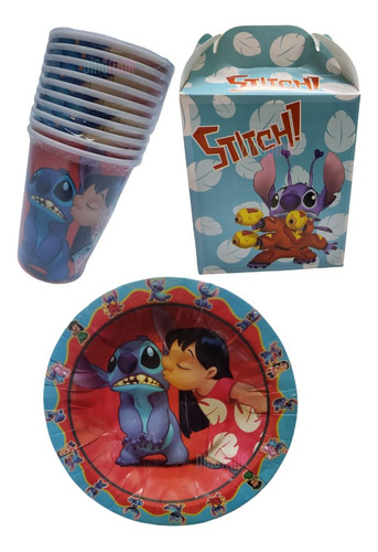 Stitch.kit Fiesta Para 20 Niños.platos,vasos,caja Dulcer