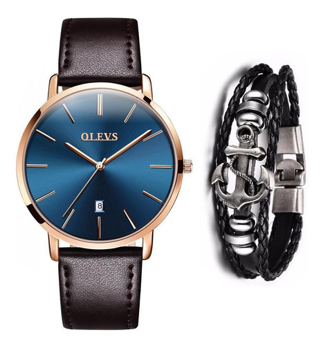 Relógio Masculino Casual Dourado De Luxo + Pulseira Âncora Cor do fundo Azul