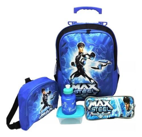 Kit Mochila Infantil Escolar Max Steel Azul Rodinhas G F2