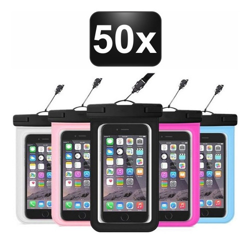 Kit 50x Bolsinha Capinha Bag Aquática Celular Prova D'água Cor Branco / Azul / Preto / Vermelho / Rosa / Transparente