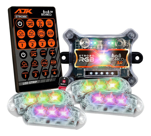 4 Strobo Automotivo Carro Ajk 4 Faróis Rgb + Controle Novo