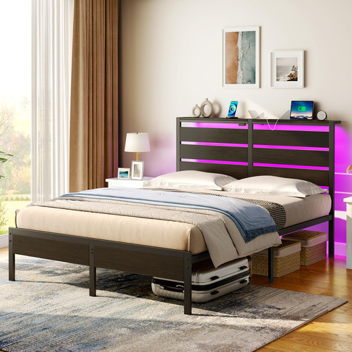 Base De Cama Matrimonial Con Carga Usb Y Almacenamiento Negr
