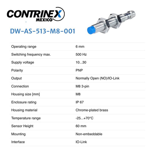 Sensor Inductivo Dw-as-513-m8-001 Pnp M8 3-pin Io-link 6mm