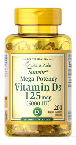 Puritan's Vit D3 5000iu (125mcg) 200 Softgels / Importado