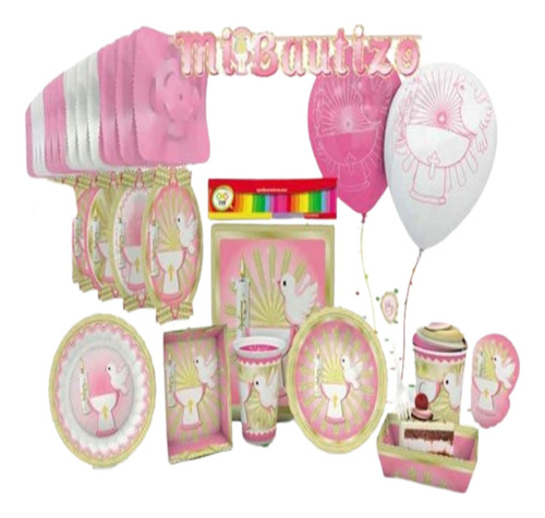 Kit Fiesta Decoración Mi Bautizo Paloma Rosada Niña X20