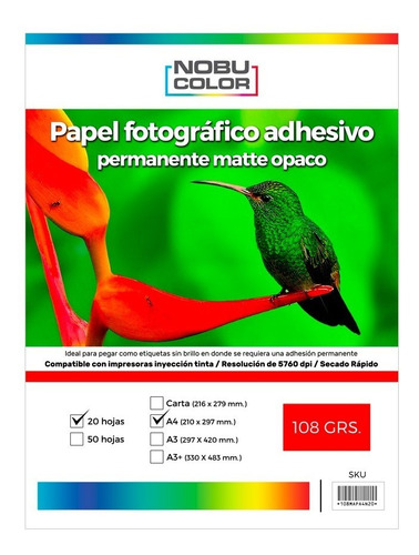 Papel Foto Matte Adhesivo Permanente Nobucolor A4 108 Gr.