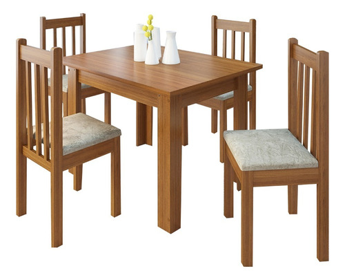 Juego De Comedor Mesa Y 4 Sillas Tapizadas Madera Maciza Color Marrón claro