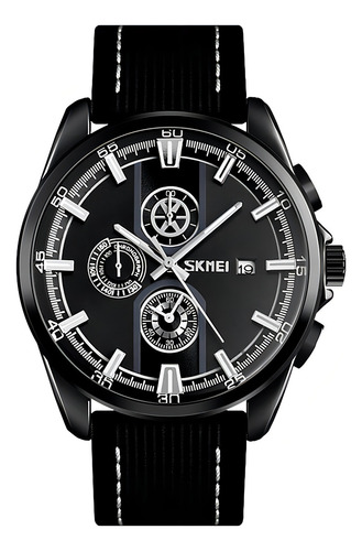 Relógio masculino Skmei 9181 em aço, couro ecológico, cronógrafo, cor de malha, cor de fundo de couro preto, branco