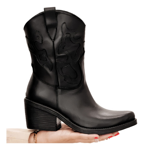 Botas Texanas Mujer Cuero Taco Medio Bordado Relieve Western