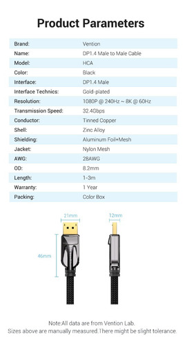 Imagen 10 de 10 de Cable Display Port 1.4 Macho-macho 8k Marca Vention 3 Metros