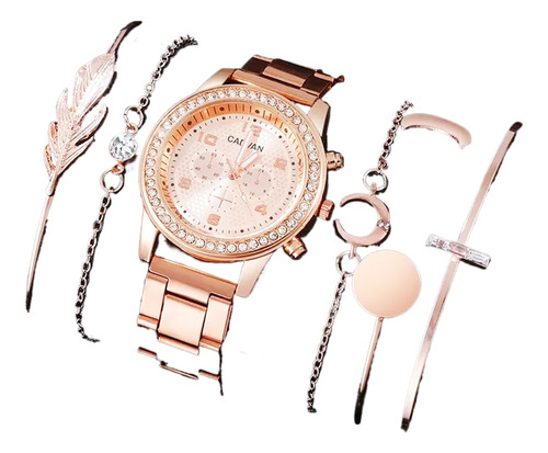 Conjunto Color Oro Rosa & Strass Reloj Cuarzo + 5 Pulseras 