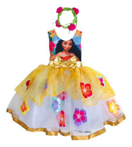 Vestido Disfraz Moana Hawaiano Bebe Niña Personajes Animados Corona Flores