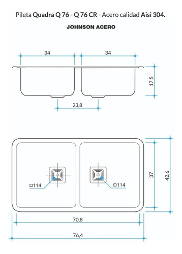 Imagen 4 de 7 de Pileta Cocina Johnson Acero Bacha Doble Quadra Q76 Mm