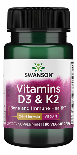 Vitaminas D3 50 mcg y K2 75 mcg Swanson 60 cápsulas Sin Sabor