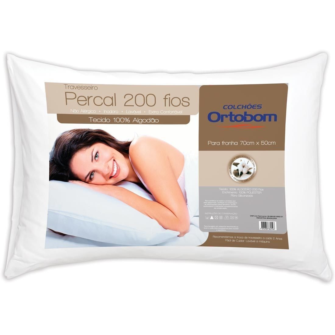 Travesseiro Ortobom Percal 200 fios tradicional 70cm x 20cm cor branco por 2 unidades