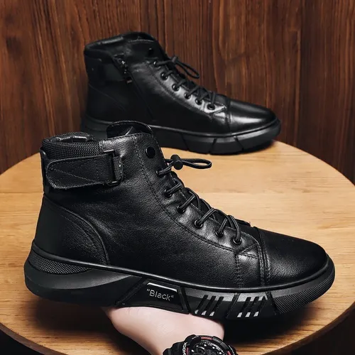 Botas Altas De Cuero Pu Martin Informales Negras Para Hombre