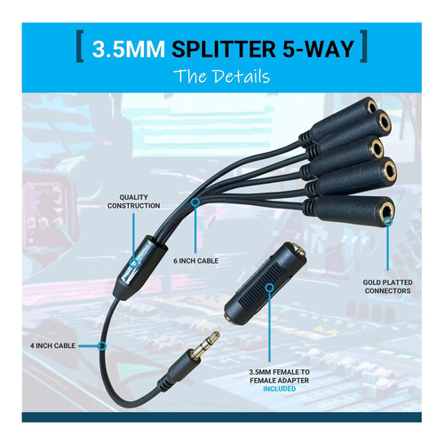 Diytech Splitter De Auriculares 5 Vías, Divisor De 35 Mm, 5