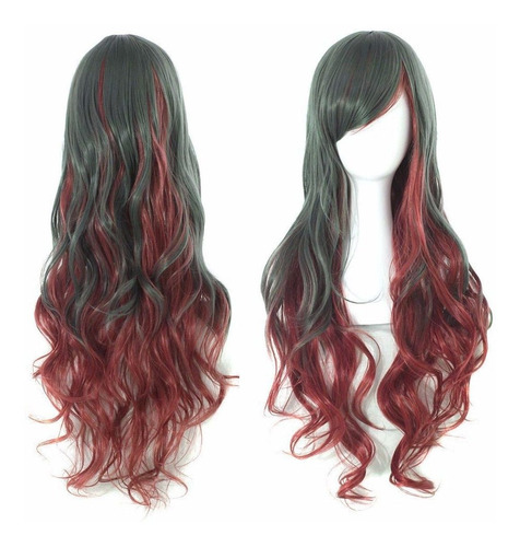 ! Peluca Cosplay Bicolor Negro Rojo Vino Harajuku Ondulada !