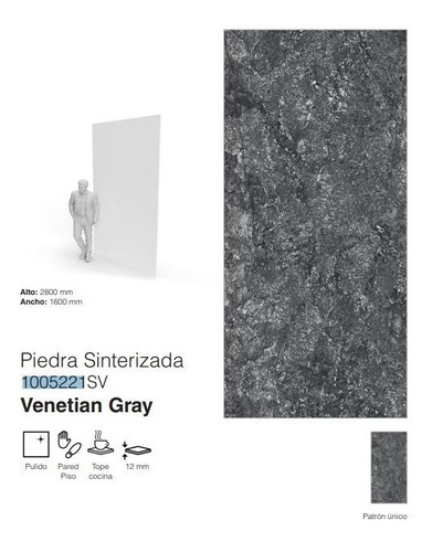 Piedra Sinterizada , Ovefland, Venetian Gray 1600x2800x12mm