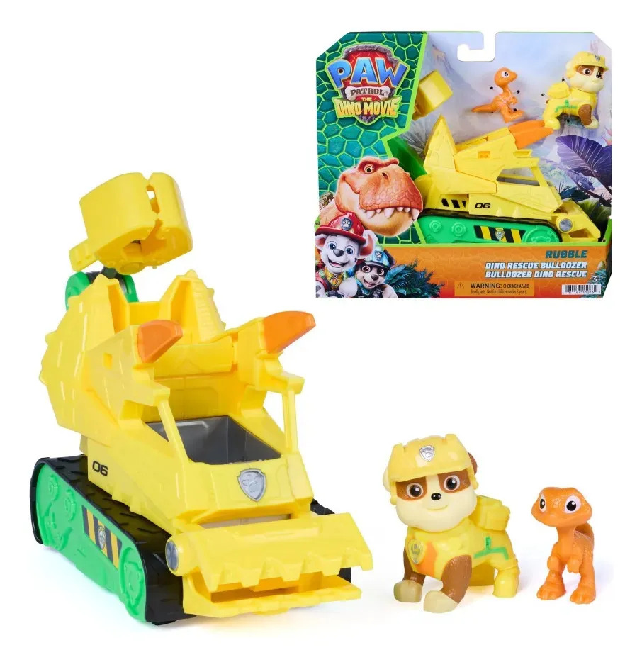 Paw Patrol: Vehículo Dino Rescue Bulldozer de Rubble con 2 Figuras y Gancho Articulado