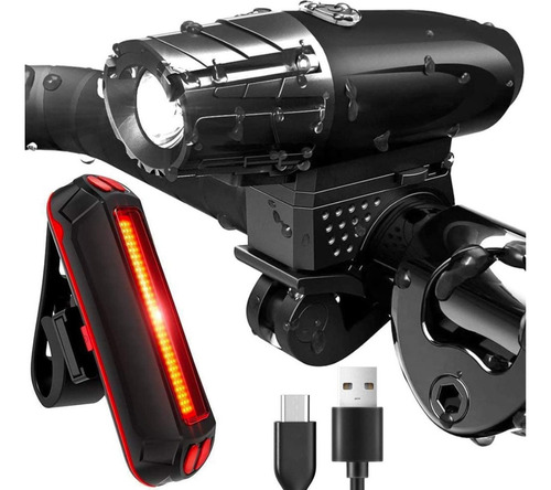 Kit de luz de bicicleta dianteira e traseira recarregável de 4 modos, cor preta