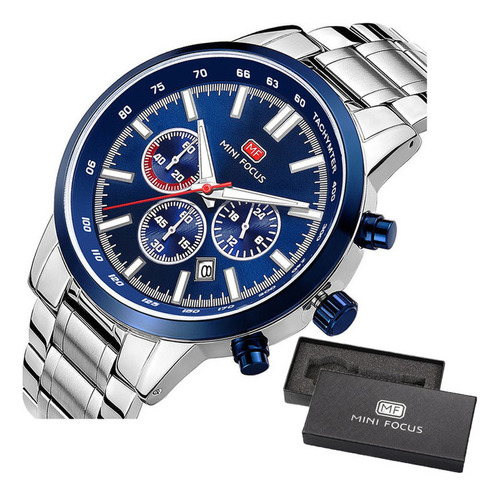 Reloj Cronógrafo De Cuarzo Luminoso Mini Focus 0133g Fondo Plateado/azul