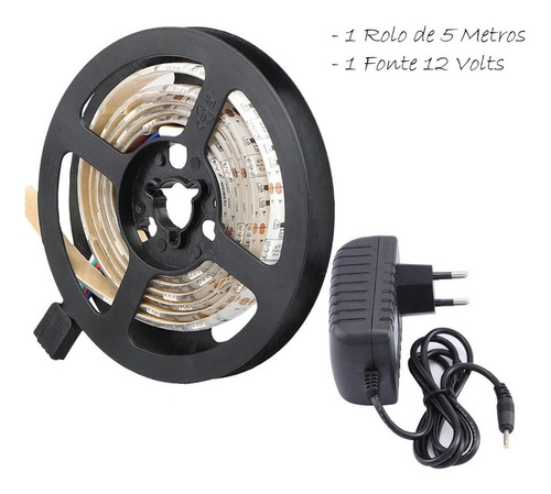 Fita Led 3528 Adesiva Siliconada - Rolo 5 Metros Com Fonte