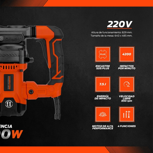 Rotomartillo 1500w 7,5j Con Accesorios - Hamilton Hrm005 Color Naranja Frecuencia 50 Hz/60 Hz