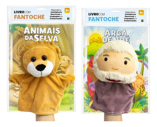 Kit Com 2 Livros + Fantoches Interativos Super Macios - Animais Da Selva E Arca De Noé