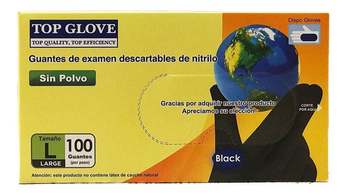 Guante De Nitrilo Sin Polvo X100 Top Glove Color Negro Talla L