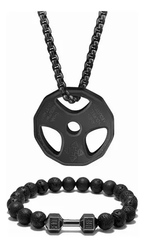 Collar Con Dije Disco Pesas Y Pulsera Mancuerna Acero Inoxidable Gym Fit Negro