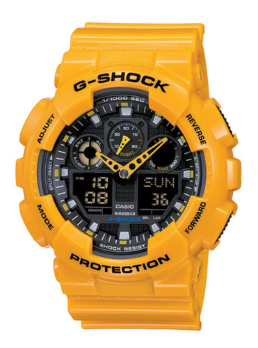 Reloj de pulsera Casio G-Shock GA100 de cuerpo color naranja, analógico-digital, para hombre, fondo negro, con correa de resina color naranja, agujas color naranja, dial naranja, subesferas color negro, minutero/segundero naranja, bisel color naranja y hebilla doble