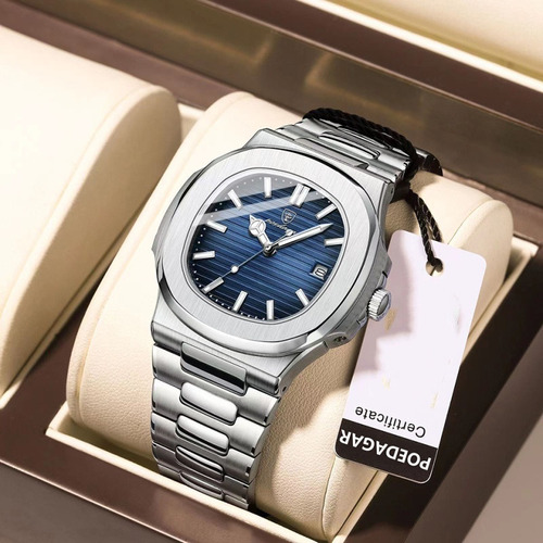 Reloj Poedagar Classic Luminous Con Calendario De Acero Inox Fondo Azul