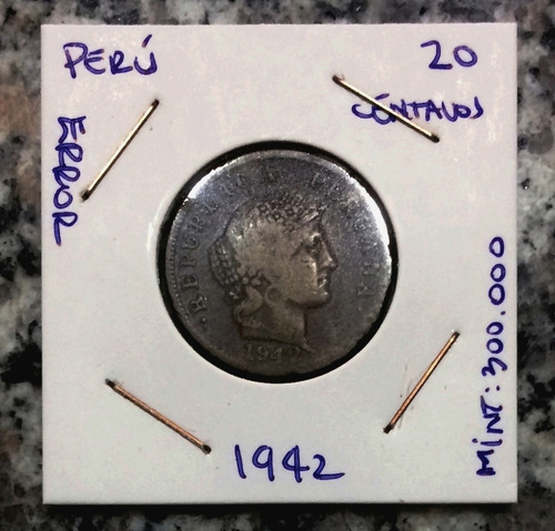 Moneda Peru 1942 20 Centavos , Die ... Planchet Error ?