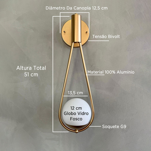 Kit 03 Arandela Dourado Gota Em Aluminio Com Globo Fosco 12cm Soquete G9 Tensao Bivolt 110v/220v
