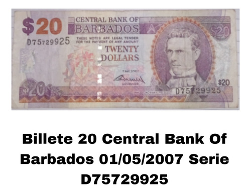 Billete 20 Central Bank Of Barbados D75729925 01/05/2007