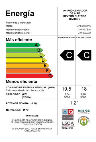 Imagen 7 de 9 de Aire Acondicionado Greenwind 9000 Btu