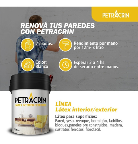 Imagen 5 de 10 de Pintura Latex Interior Exterior 20 Lts Antihongo Petracrin