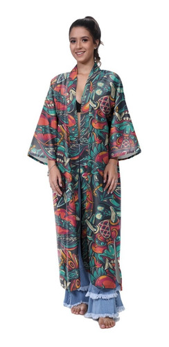 Kimono Haori Longo Sakura Dragão Oni Japonês Japão Carpa