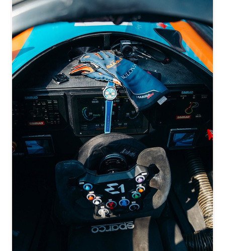 Reloj Bulova Marine Star Team Miami E1 96b460 para hombre, correa azul cielo, bisel plateado, fondo azul cielo