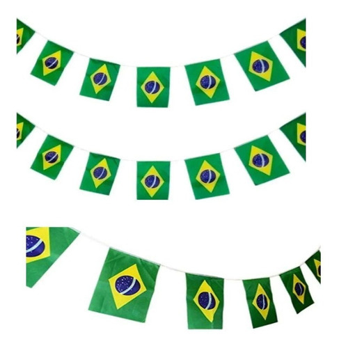 Varal Bandeiras Brasil 4,5m - 10 Bandeirinhas Tecido 30x20cm